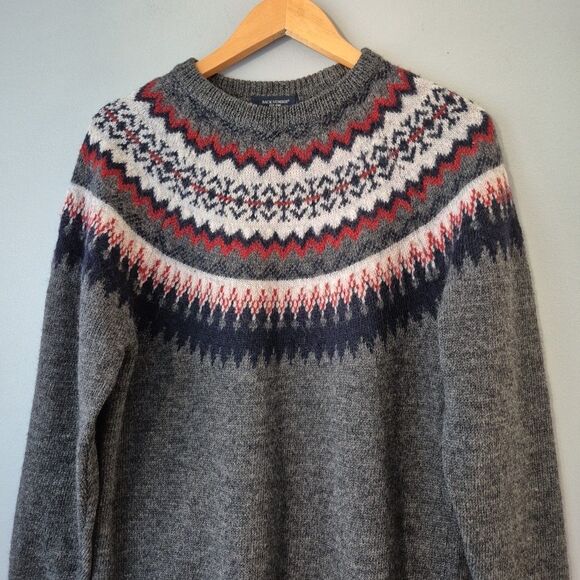 British Fiber Wool Gray Fair Isle Long Sleeve Crewneck Sweater Womens Medium - Picture 2 of 8